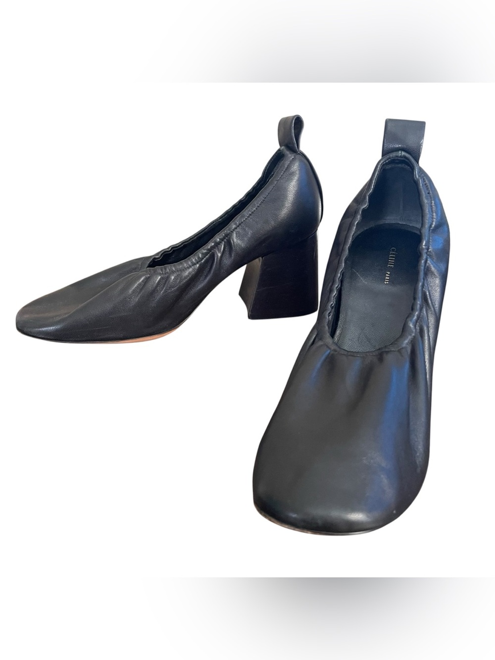Celine Phoebe Philo Soft Ballerina Black Leather Block Heel Pumps Women Size 37